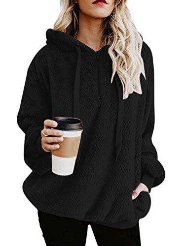 Century Star Womens Fuzzy Hoodies Pullover Cozy Oversized Pockets Hooded Sweatshirt Athletic Fleece Hoodies Black Small