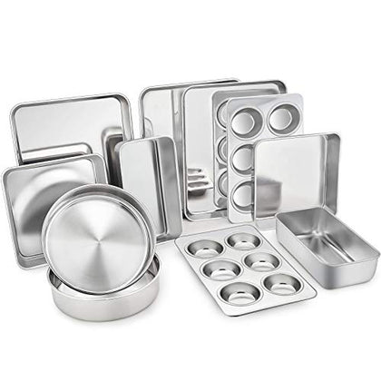 TeamFar Stainless Steel Bakeware Set of 11, Toaster Oven Baking Pan Set, Lasagna Pan, Square & Round Cake Pan, Loaf Pan & Muffin Pan, Healthy & Durable, Dishwasher Safe & Smooth