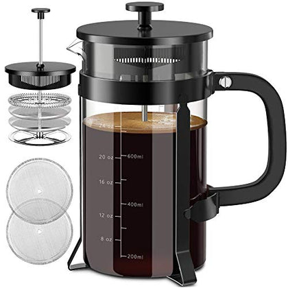 QUQIYSO French Press Coffee Maker 34oz 304 Stainless Steel French Press with 4 Filter, Heat Resistant Durable, Easy to Clean, Borosilicate Glass Coffee Press, 100% BPA Free Glass Teapot, Black