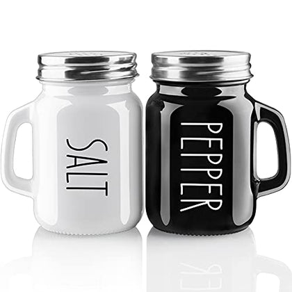 Salt and Pepper Shakers Set, 4 oz Cute Kitchen Decor for Home Restaurants Wedding, Glass Black White Shaker Sets with Stainless Steel Lids