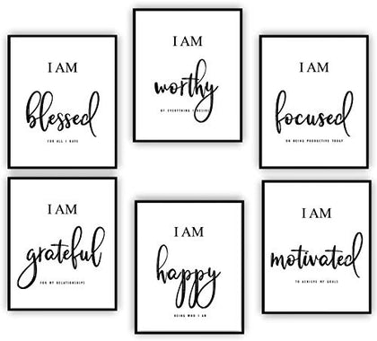 Inspirational Wall Art - Motivational Wall Art - Office & Bedroom Wall Decor - Positive Quotes & Sayings - Daily Affirmations for Men, Women & Kids - Black & White Poster Prints (8X10, Set of 6, No Frame)
