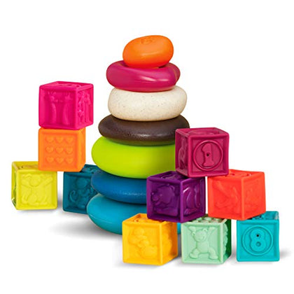 B. toys- B. baby -Baby Blocks & Stacking - 10 Numbered Blocks & 5 Colorful Rings - Building Play Set for Infants - Educational Toys - One Two Squeeze & Stacking Stones - 6 Months +
