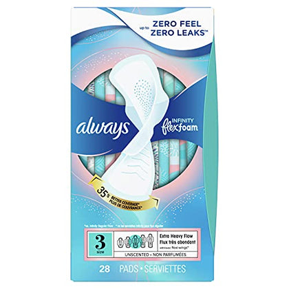 Always Infinity Feminine Pads for Women, Size 3, Extra Heavy Flow, with wings, Unscented, 28 count x 3 Packs (84 count total)