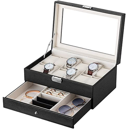 Oyydecor Watch Box 12 Slots Watch Organizer Jewelry Display Case Organizer with Jewelry Drawer for Storage and Display Lockable (Beige)
