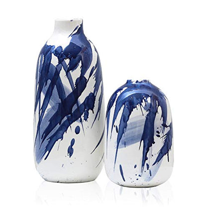 TERESA'S COLLECTIONS Modern Ceramic Vase Set for Home Decor, Navy Blue and White Vases for Flowers, Decorative Christmas Vases for Table Centerpieces, Mantel, Shelf, Living Room -Set of 2, 10.2 Inches