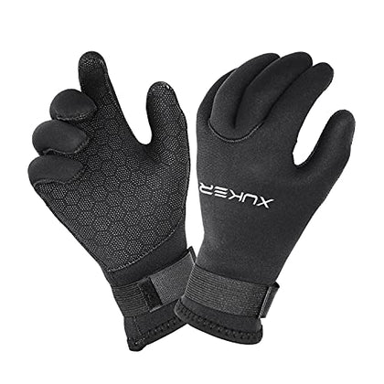 XUKER Water Gloves, 3mm & 5mm Neoprene Five Finger Warm Wetsuit Winter Gloves for Scuba Diving Snorkeling Paddling Surfing Kayaking Canoeing Spearfishing Skiing (3mm-Black, XS)