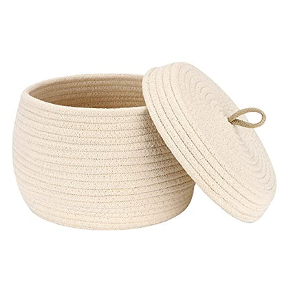 Sea Team Round Cotton Rope Storage Basket with Lid, Decorative Woven Storage Bin, Pot, Caddy, Organizer, Container for Snacks, Towels, Plants, 10 x 7.5 Inches (Small, Cream)