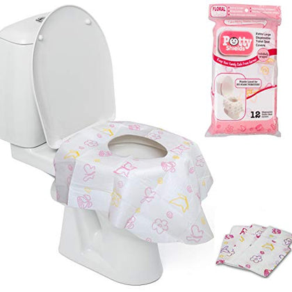 Disposable Toilet Seat Covers for Kids & Adults (12 Pack) - Germ Protect from Public Toilets - Waterproof, Individually-Wrapped, Plastic Lined for No Soak Thru, XL to Cover the WHOLE Toilet - Pink/Floral