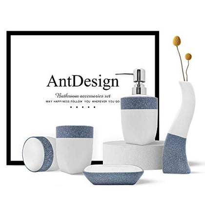 AntDesign Blue Bathroom Accessory Set 5 Pcs, Including Hand Pump Soap Dispenser, Soap Dish, Toothbrush Holder and Vase,for Modern Bathroom Décor