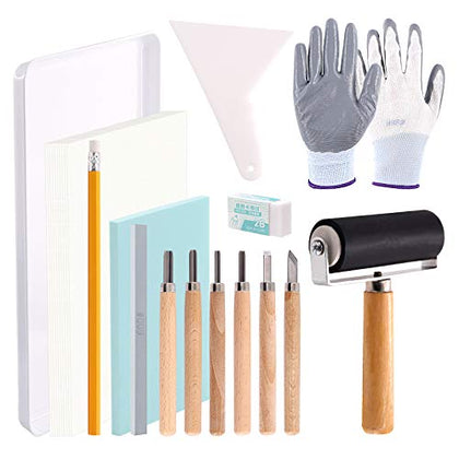 Swpeet 24Pcs Block Printing Starter Tool Kit, Rubber Stamp Carving Blocks, Ink Roller, Carving Tools, Gloves, Tracing Papers and Ink Mixing Tray for Stamp Carving