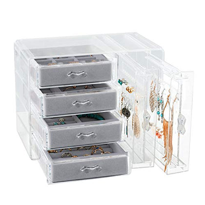 Jenseits Acrylic Jewelry Box, Clear Jewelry Organizer W/ 4 Drawers & 2 Earring Holder, Cute Jewelry Box For Bracelet Necklace Rings Storage, Dustproof Velvet Jewelry Display Case Gift For Women Girls