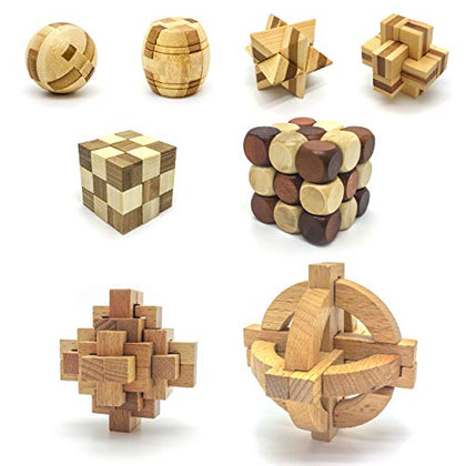 PicassoTiles 8 Styles Interlocking Sensory Toys Wooden Burr Cube, Ball and Barrels Logic Skill Genius Puzzle Brain Teaser Games & Intellectual 3D Assembling Educational Toy Set for Kids & Adults PTP08