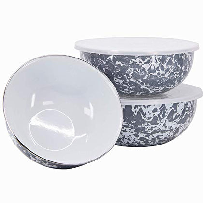 Golden Rabbit Enamelware - Grey Swirl Pattern - Set of 3 - Mixing Bowls