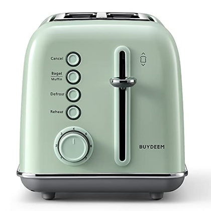 BUYDEEM DT620 2-Slice Toaster, Extra Wide Slots, Retro Stainless Steel with High Lift Lever, Bagel and Muffin Function, Removal Crumb Tray, 7-Shade Settings (Cozy Greenish)