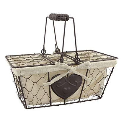 Stonebriar Farmhouse Metal Chicken Wire Picnic Basket with Hinged Lids, Handles, and Heart Detail, 10.5