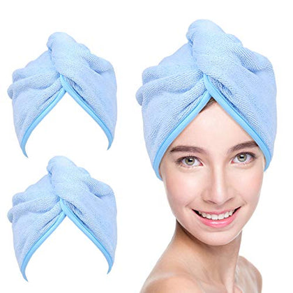 YoulerTex Microfiber Hair Towel Wrap for Women, 2 Pack 10 inch X 26 inch, Super Absorbent Quick Dry Hair Turban for Drying Curly, Long & Thick Hair (Blue) 