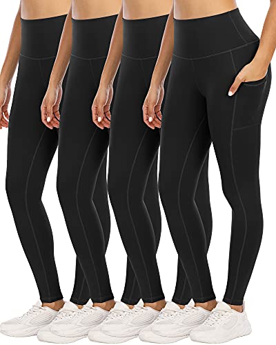 YOUNGCHARM 4 Pack Leggings with Pockets for Women,High Waist Tummy Control Workout Yoga Pants 4Black-S