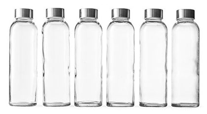 Epica 18 oz Clear Glass Bottles with Lids | Natural BPA Free Eco Friendly, Reusable Refillable Water Bottles for Juicing | Wide Mouth Liquid Storage Containers for Refrigerator | Water Bottle Set of 6
