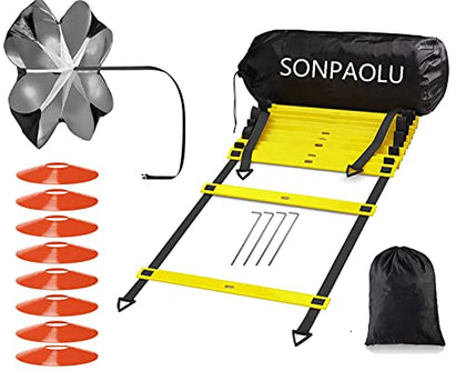 SONPAOLU Agility Ladder & Speed Cones Training Set , for Speed Agility Training & Quick Footwork Exercise -Includes Agility Ladder with Carrying Bag, , 4 Pegs,Resistance Parachute & 8 Sports Cones.