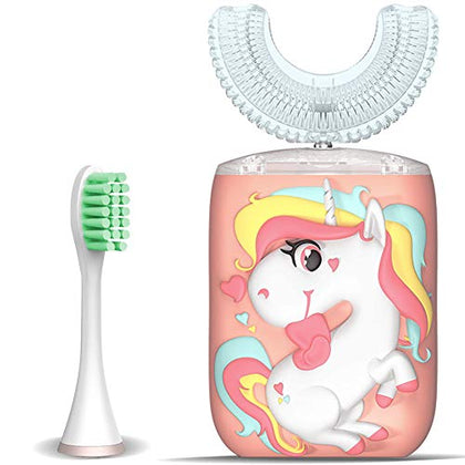 Kids Toothbrush Electric, U Shaped Ultrasonic Automatic Toothbrush with 2 Brush Heads, Six Cleaning Modes, Cartoon Modeling Design for Kids, Special for Birthday Gift
