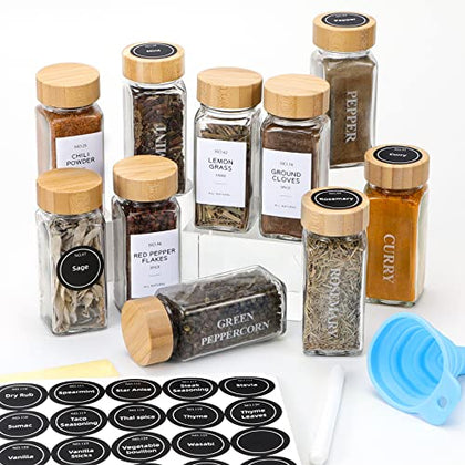 NETANY 4 oz Glass Jars with Bamboo Lids, Minimalist Farmhouse Spice Labels Stickers, Collapsible Funnel, Seasoning Storage Bottles for Spice Rack, Cabinet, Drawer, 24 Pcs