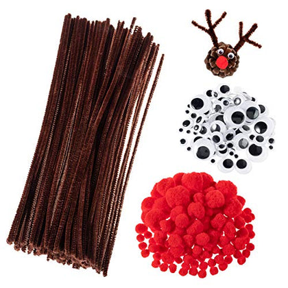 Whaline 350Pcs Christmas Pipe Cleaners Set Including 100Pcs Brown Craft Chenille Stems, 100Pcs Multi Sized Wiggle Googly Eyes and 150 Pcs Pompoms for Craft DIY Art Supplies