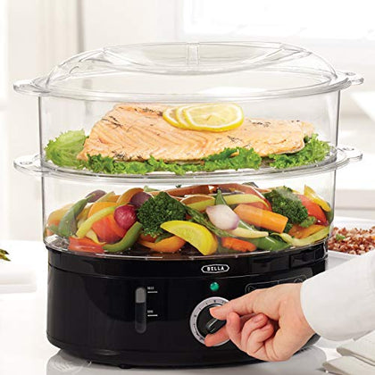 BELLA Two Tier Food Steamer with Dishwasher Safe Lids and Stackable Baskets & Removable Base for Fast Simultaneous Cooking - Auto Shutoff & Boil Dry Protection, 7.4 QT, Black