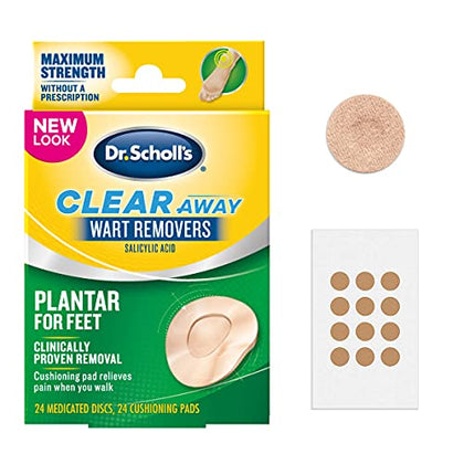 Dr. Scholl's Clear Away Plantar WART Remover // 24 Discs/24 Cushions, Clinically Proven, Maximum Strength Without a Prescription, Cushioning Pad Relieves Pain, 24 Treatments