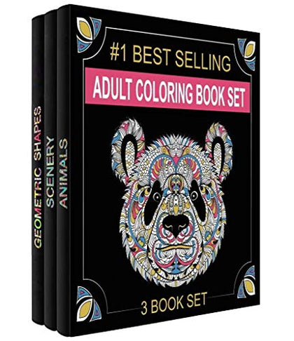 Adult Coloring Books Set - 3 for Grownups 120 Unique Animals, Scenery & Mandalas Designs. Adults Relaxation.
