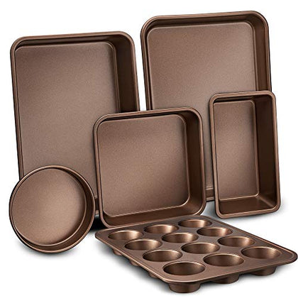 NutriChef 6-Pcs Nonstick Bakeware Set-est-Quality Baking Sheets, Non-Grease Cookie Trays, Wide & Square Bake Pan, Bread Loaf & Round Cake Pan, Designed Not To Wrap or Bend Out Of Shape,