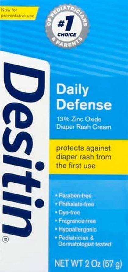 Desitin Daily Defense Baby Diaper Rash Cream with 13% Zinc Oxide Barrier Cream to Treat, Relieve & Prevent diaper rash, Hypoallergenic, Dye-, Phthalate- & Paraben-Free, Travel Size, 2 oz