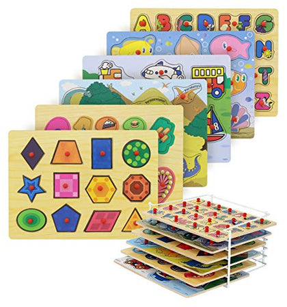Etna Products Wooden Puzzles Set, Includes 6 Educational Puzzles and Wire Storage Rack - ABC, Numbers, Shapes, Vehicles and Animals - For Kids Age 3 Plus