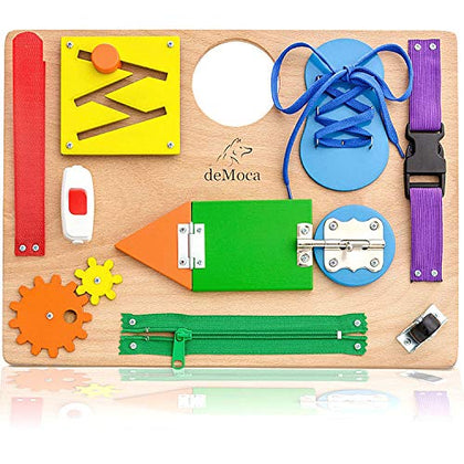 deMoca Busy Board Montessori Toys for Toddlers, Kids Sensory Wooden Activity Board with 10 Preschool Educational Activities to Develop Fine Motor Skills, Travel Toy, Boys & Girls Gift