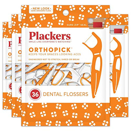 Plackers Orthopick Floss Picks, Unflavored, Designed for Braces, Fold-Out FlipPick, Tuffloss, Easy Storage with Sure-Zip Seal, 36 Count (4 Pack)