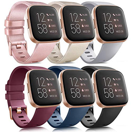 6 Pack Sport Bands Compatible with Fitbit Versa 2 / Fitbit Versa/Versa Lite/Versa SE, Classic Soft Silicone Replacement Wristbands for Fitbit Versa Smart Watch Women Men (6 Pack A, Large)