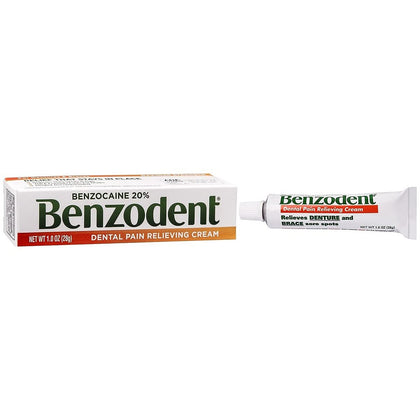 Benzodent Dental Pain Relieving Cream for Dentures and Braces, Topical Anesthetic, 1 Ounce Tube
