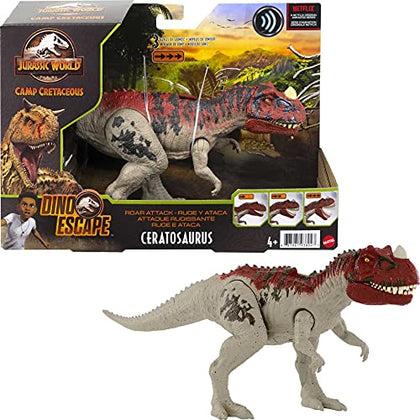 Mattel Jurassic World Toys Camp Cretaceous Roar Attack Ceratosaurus Dinosaur Action Figure, Toy Gift with Strike Feature and Sounds