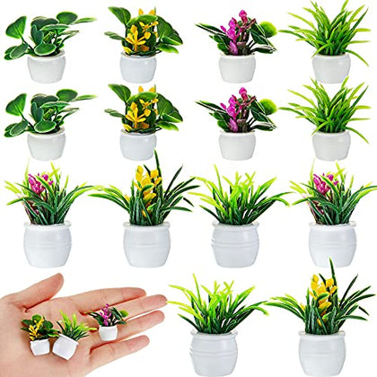 14 Pieces Dollhouse Plant Miniature Bonsai Plant Mini Potted Plant Flower Model Tiny Fake Greenery Ornament Dollhouse Furniture for Christmas Toddlers Girls and Boys (Classic Style)