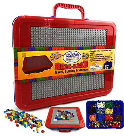 Matty's Toy Stop Brik-Kase 2.0 Travel, Building, Storage & Organizer Container Case with Building Plate Lid (Holds Approx 2000pcs) - Compatible With All Major Brands (Blue, Red & Gray)