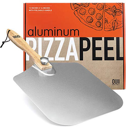 OUII Aluminum Pizza Peel Metal - 12 x 14 Inch. Pizza Spatula for Oven with Foldable Wood Handle. Pizza Oven Accessories Tools. Turning Peel, Bread, Pastry, Dough, Cake Spatula