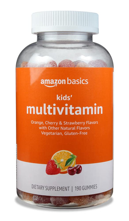 Amazon Basics Kids' Multivitamin Gummies, Orange, Cherry & Strawberry, 190 Count (Previously Solimo)