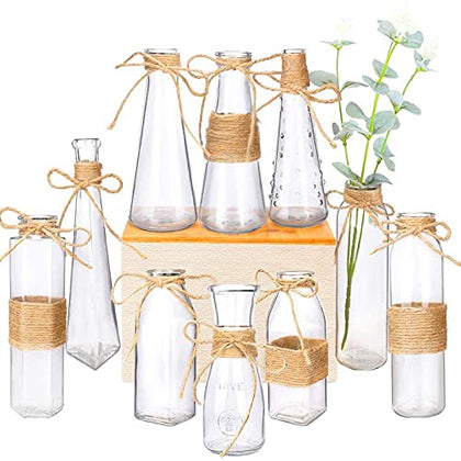 Nilos 10pcs Small Bud Glass Vases for Flowers Wedding Decorations,Vases for Centerpieces,Mini Vintage Glass Flower Vase with Rope Design and Differing Unique Shapes for Flower Table Home Decoration