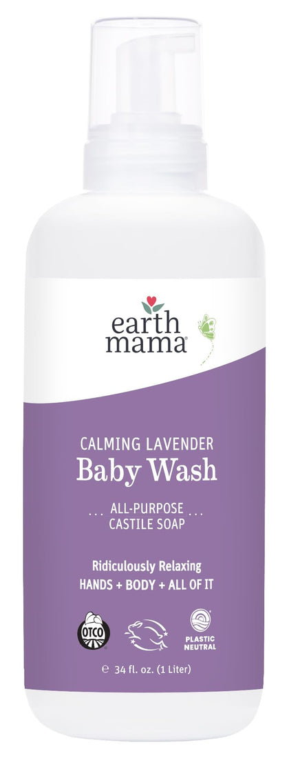 Earth Mama Calming Lavender Baby Wash Liquid Foaming Hand Soap Refill, Organic All-Purpose Lavender Body Wash for Sensitive Skin, Castile Soap with Coconut Oil, Shea Butter, Calendula, & Aloe, 34Fl Oz