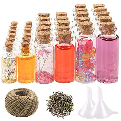 CUCUMI 44pcs Mini Glass Bottles with Cork Stoppers Spell Jars Potion Bottles Wish Bottles, 50pcs Eye Screws 30 Meters Twine and 2pcs Funnels Message Bottle for Wedding Favors, Halloween Decorations