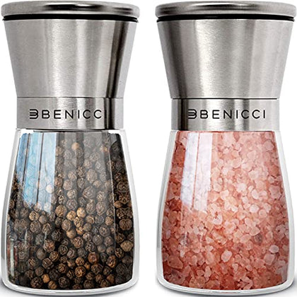 Beautiful Stainless Steel Salt and Pepper Grinder Set of 2 - Pepper Mill & Salt Mill with Adjustable Coarseness - Glass Spice & Salt Shakers - Easy Clean Ceramic Grinders w/Spoon & Cleaning Brush
