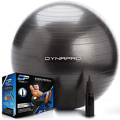 DYNAPRO Exercise Ball - Extra Thick Eco-Friendly & Anti-Burst Material Supports Over 2200lbs, Stability Ball for Home, Yoga, Gym Ball, Birthing Ball, Swiss Ball, Physical Therapy (Black, 45CM)