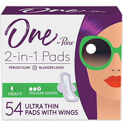 One by Poise Feminine Pads with Wings (2-in-1 Period & Bladder Leakage Pad for Women), Regular, Heavy Absorbency for Period Flow, Light Absorbency for Bladder Leaks, 54 Count (3 Pack of 18)