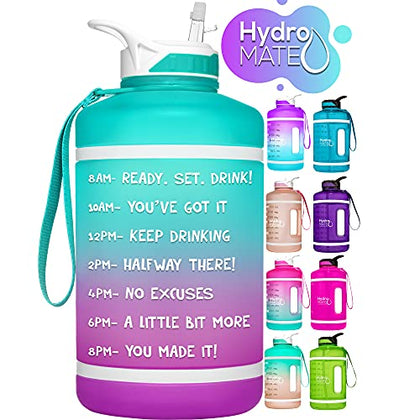 NatureWorks HydroMATE 64 oz Water Bottle with Time Markers BPA Free Reusable Leak Proof Jug with Straw and Handle 64 oz (Turquoise Purple)