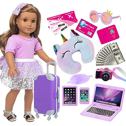 ZNTWEI American 18 Inch Doll Travel Suitcase Play Set with 18 Inch Doll Clothes and Accessories Including Sunglasses Camera Computer Phone Ipad Travel Pillow ect