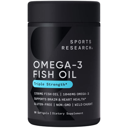 Sports Research Triple Strength Omega 3 Fish Oil 1250mg from Wild Alaska Pollock - Burpless Fish Oil Supplement with Omega3s EPA & DHA - Sustainably Sourced, Non-GMO, Gluten Free - 90 Softgels